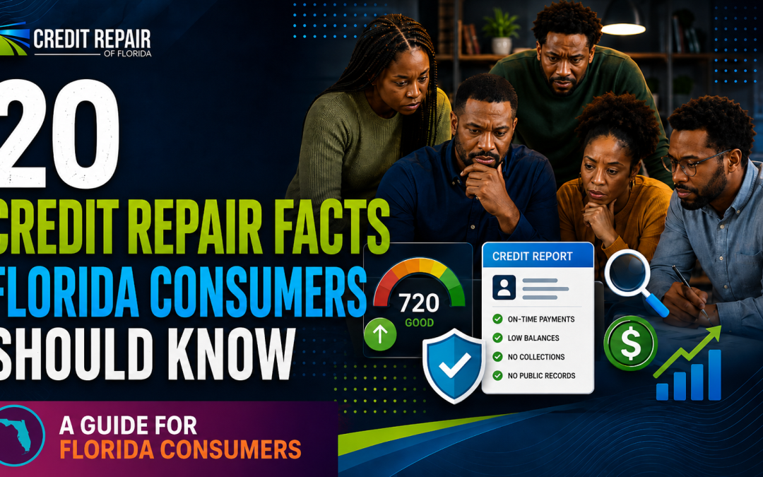 Group of African American adults reviewing credit report information in a Credit Repair of Florida graphic about 20 credit repair facts Florida consumers should know.