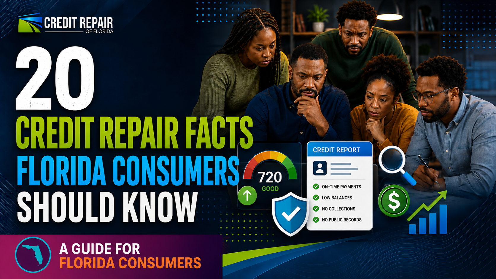 Group of African American adults reviewing credit report information in a Credit Repair of Florida graphic about 20 credit repair facts Florida consumers should know.