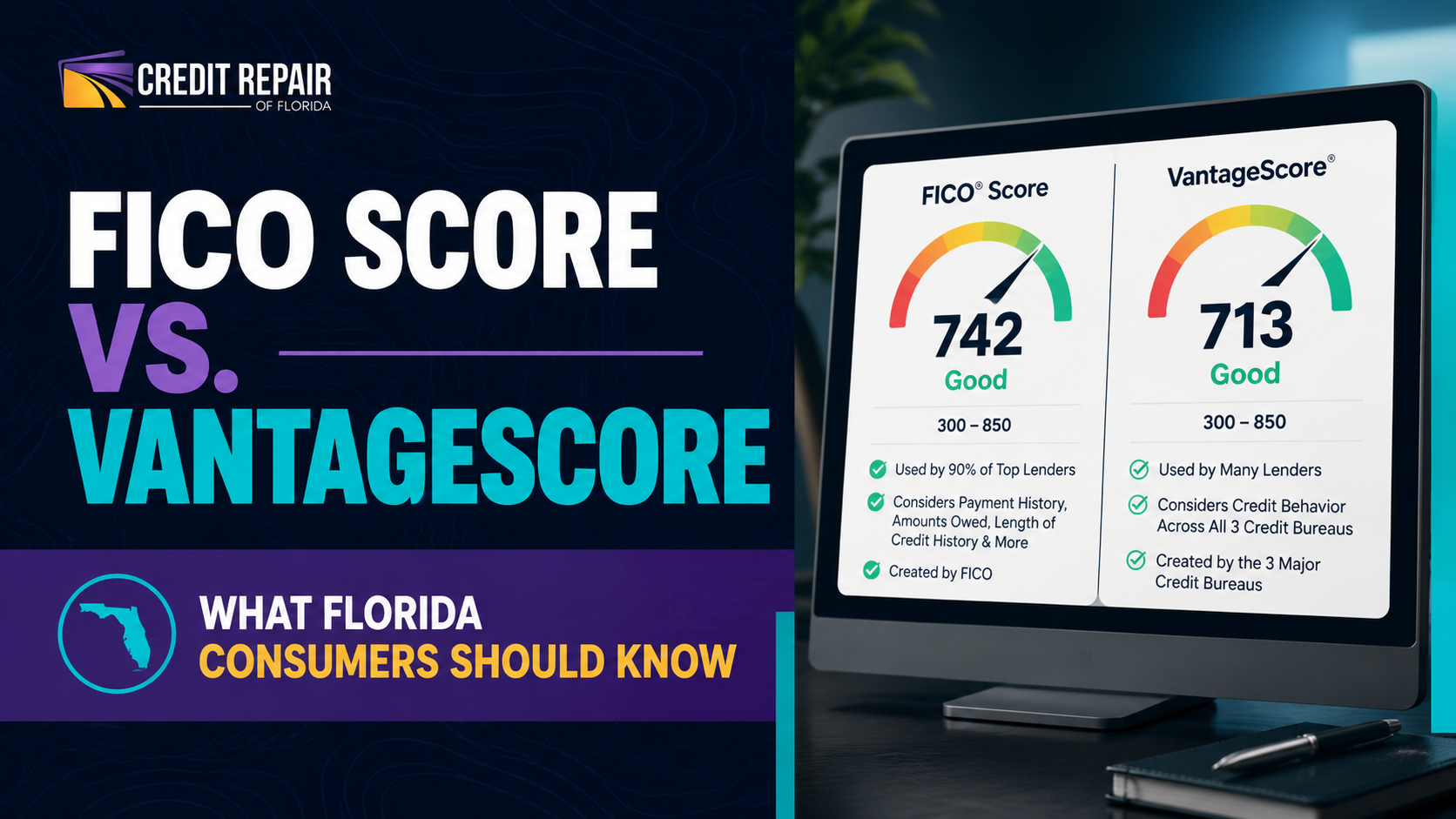 FICO Score vs. VantageScore comparison graphic by Credit Repair of Florida showing two credit score gauges and key differences for Florida consumers.