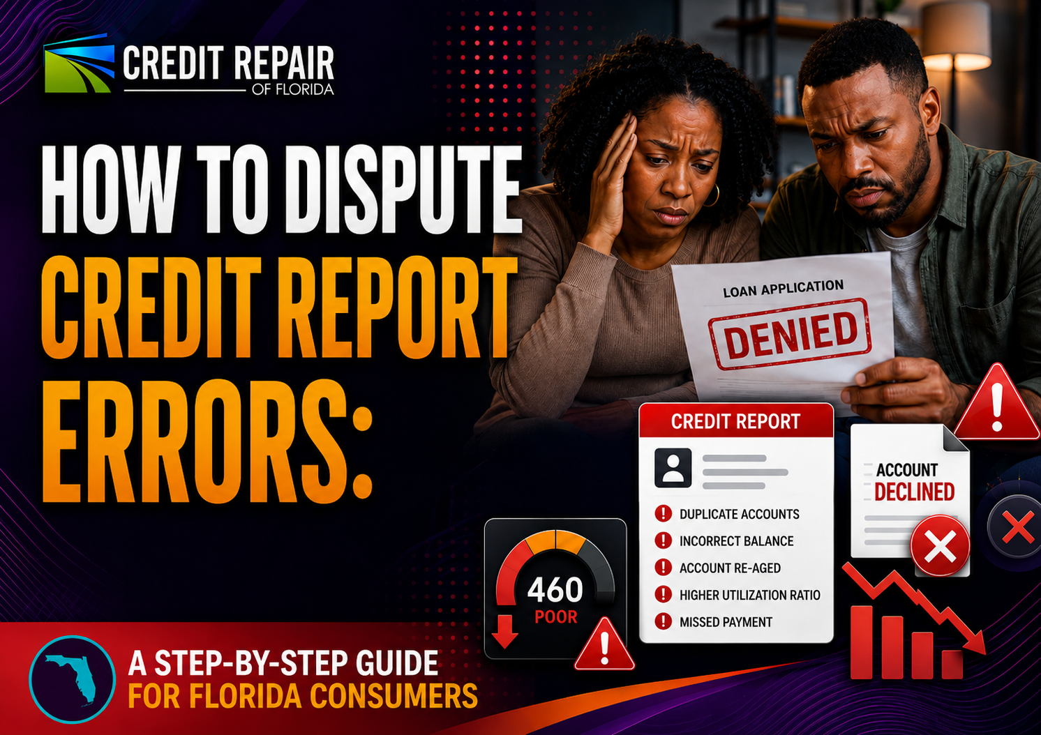Worried African American couple reviewing a denied loan application with credit report error icons for duplicate accounts, incorrect balance, account re-aged, higher utilization ratio, and missed payment.