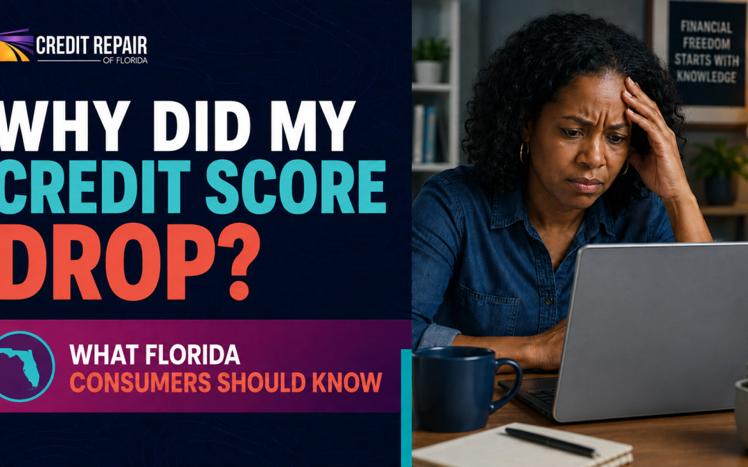 Frustrated Florida consumer looking at a laptop after her credit score dropped, with Credit Repair of Florida branding and the headline “Why Did My Credit Score Drop?”