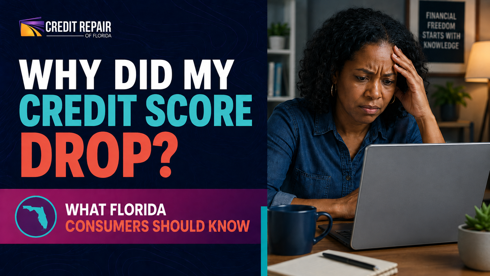 Frustrated Florida consumer looking at a laptop after her credit score dropped, with Credit Repair of Florida branding and the headline “Why Did My Credit Score Drop?”