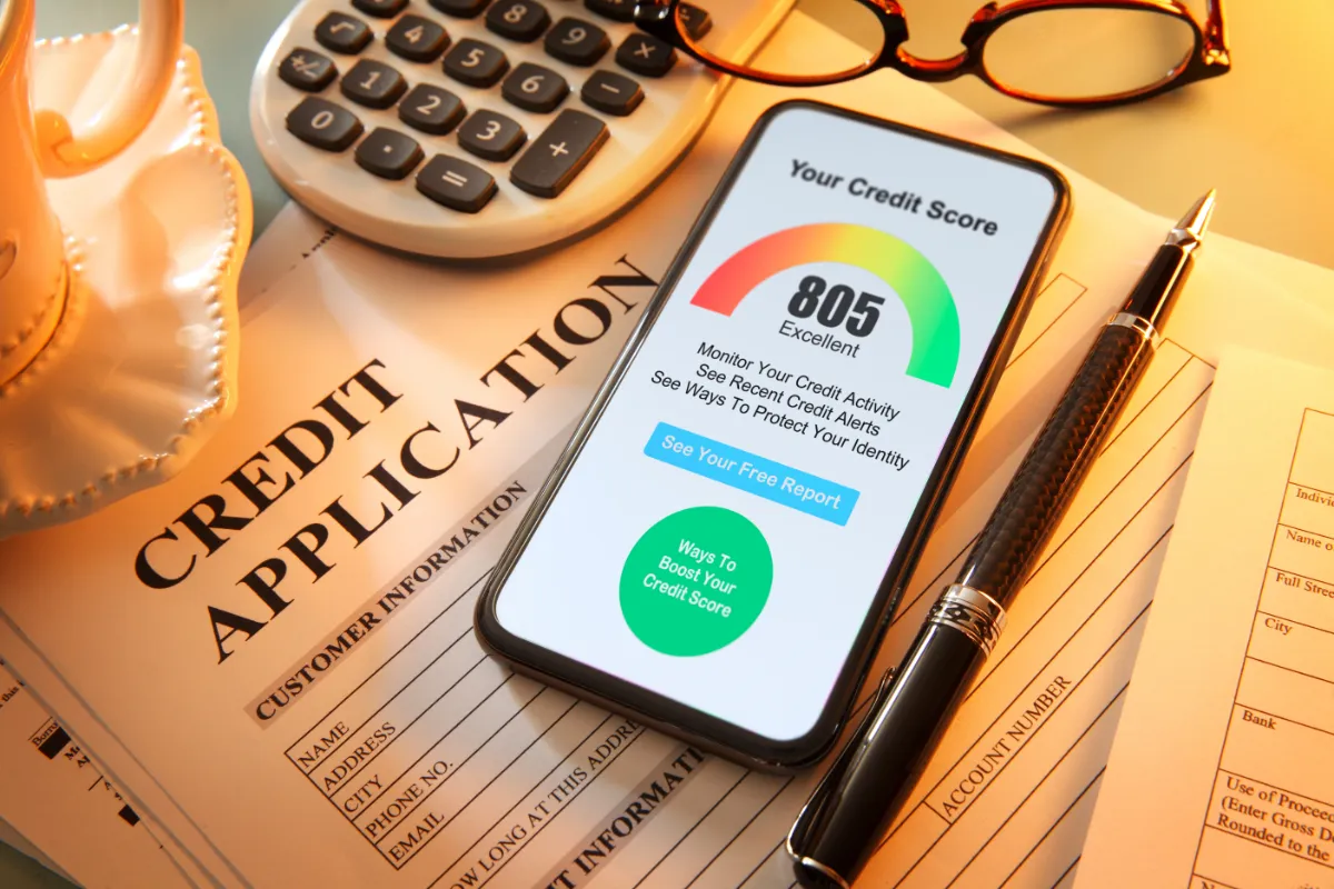 A phone displaying an excellent credit score rests on a credit application, with pen and glasses aside.