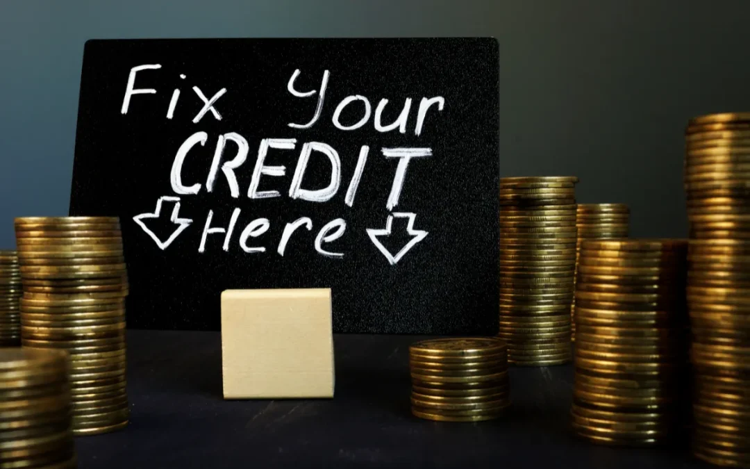 A sign reading "Fix Your CREDIT Here" surrounded by coin stacks, indicating credit repair services.