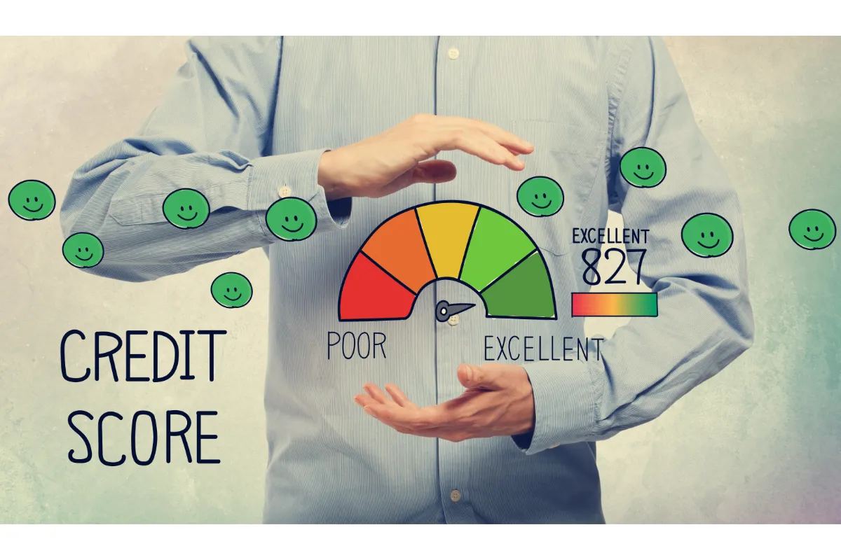 Hands frame a floating "Excellent" credit score gauge with smiley faces and "CREDIT SCORE" text.