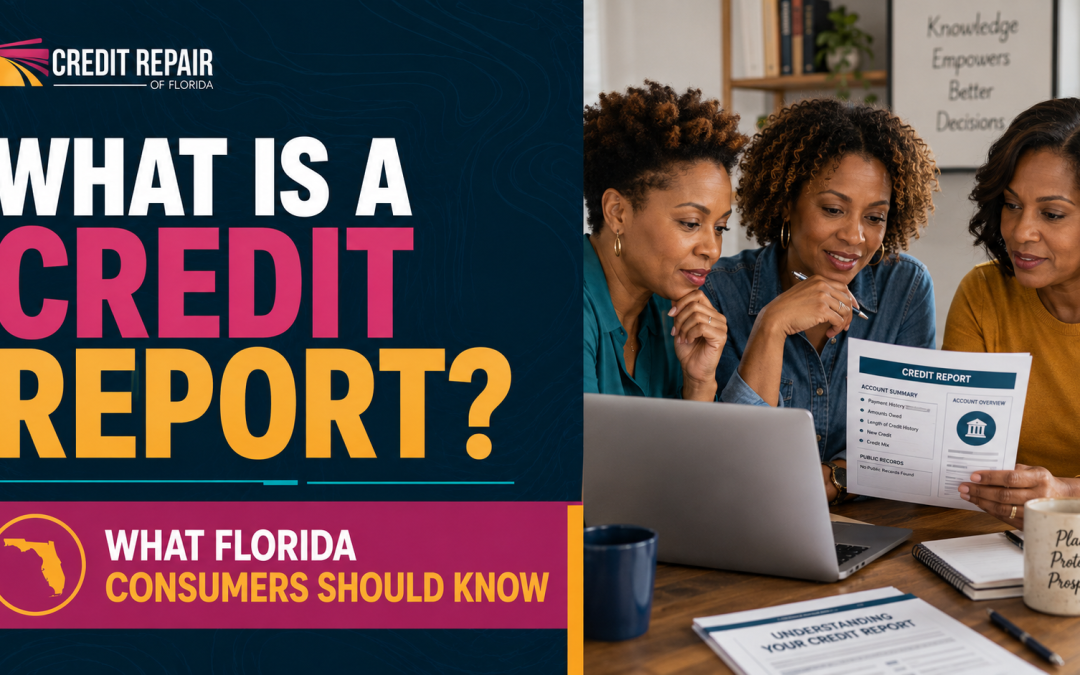 Group of African American women reviewing a credit report together with Credit Repair of Florida branding and the headline “What Is a Credit Report?”