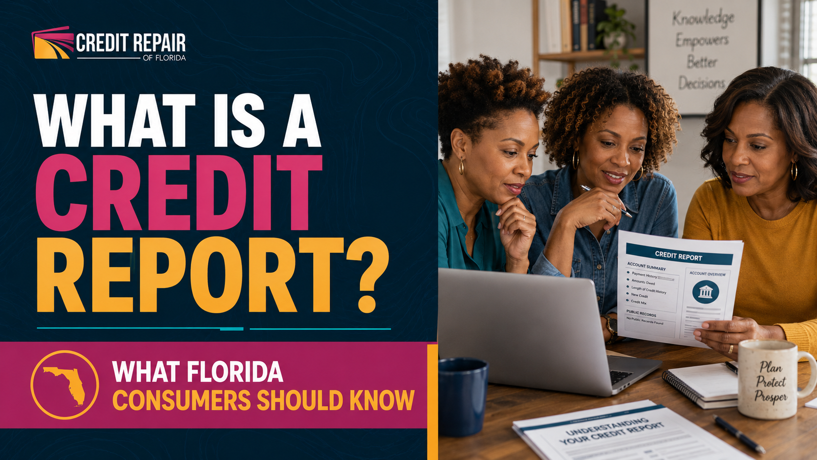 Group of African American women reviewing a credit report together with Credit Repair of Florida branding and the headline “What Is a Credit Report?”