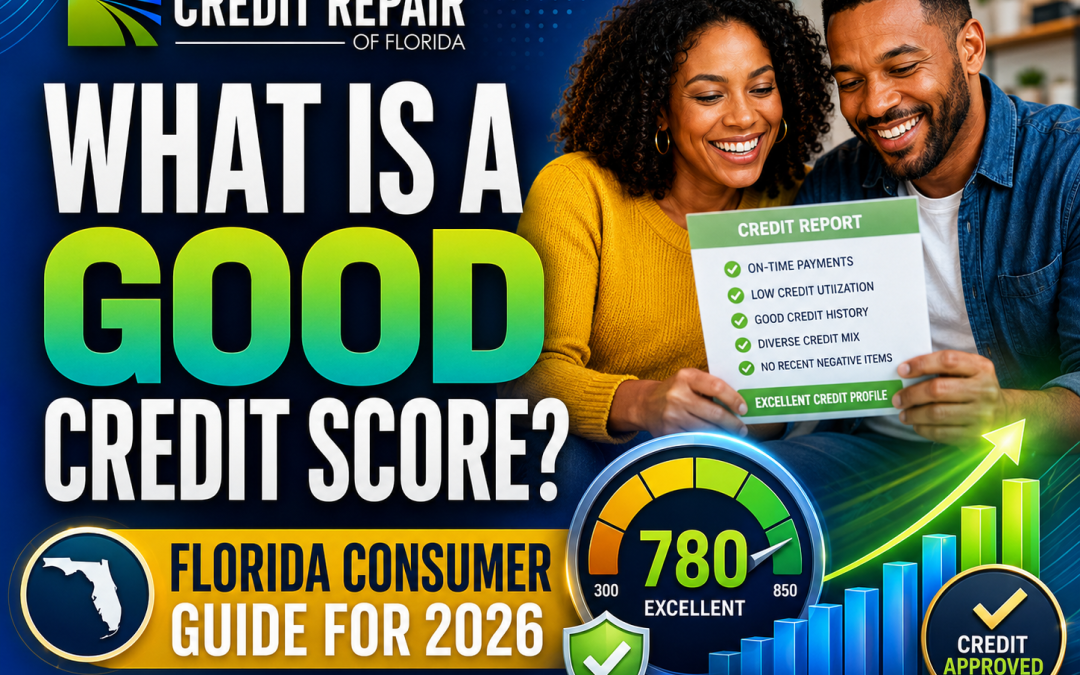 Credit Repair of Florida image showing a smiling couple reviewing a positive credit report with a 780 excellent credit score, approval icons, checkmarks, and an upward credit growth chart for a Florida consumer guide.