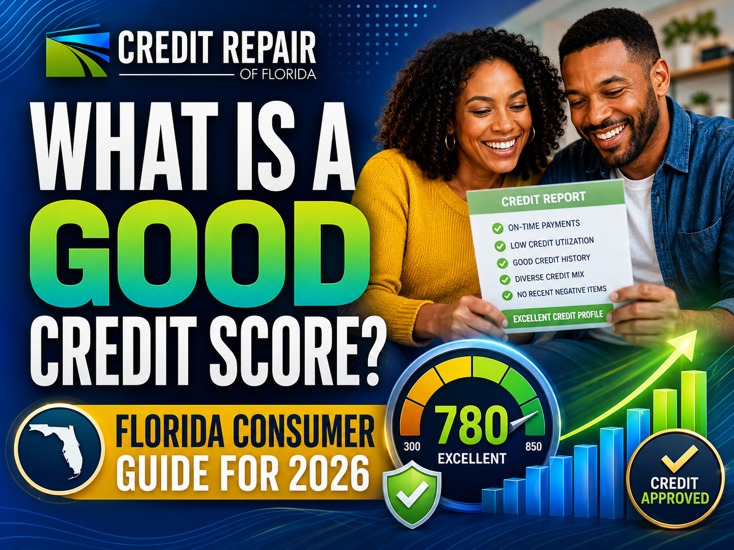 Credit Repair of Florida image showing a smiling couple reviewing a positive credit report with a 780 excellent credit score, approval icons, checkmarks, and an upward credit growth chart for a Florida consumer guide.