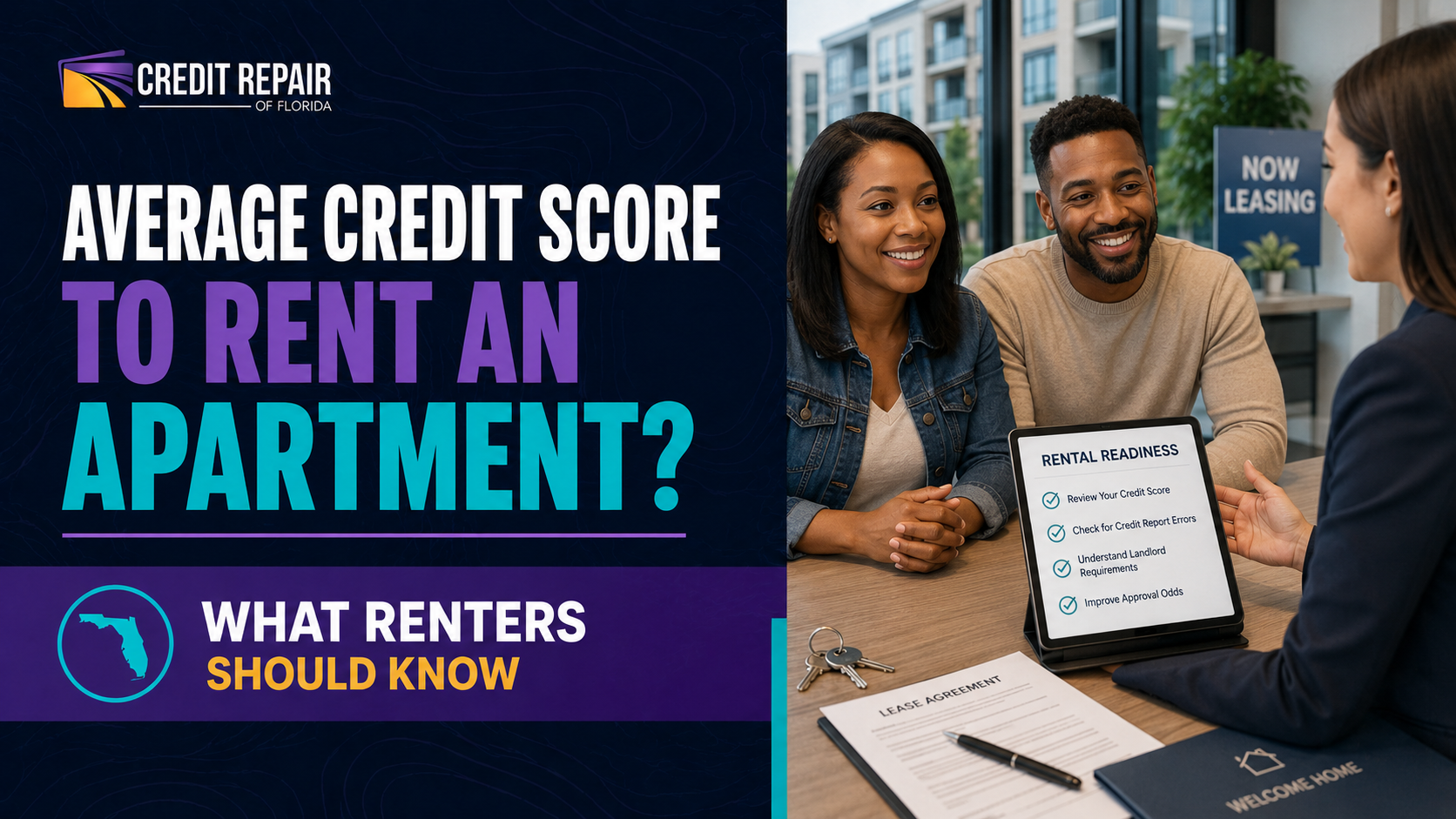 Black couple meeting with a rental consultant to discuss the average credit score needed to rent an apartment.