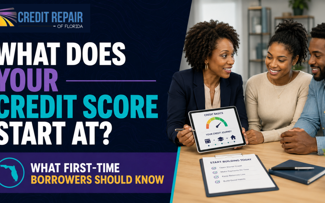 Credit Repair of Florida image showing a credit consultant explaining credit score basics to a young Black couple.