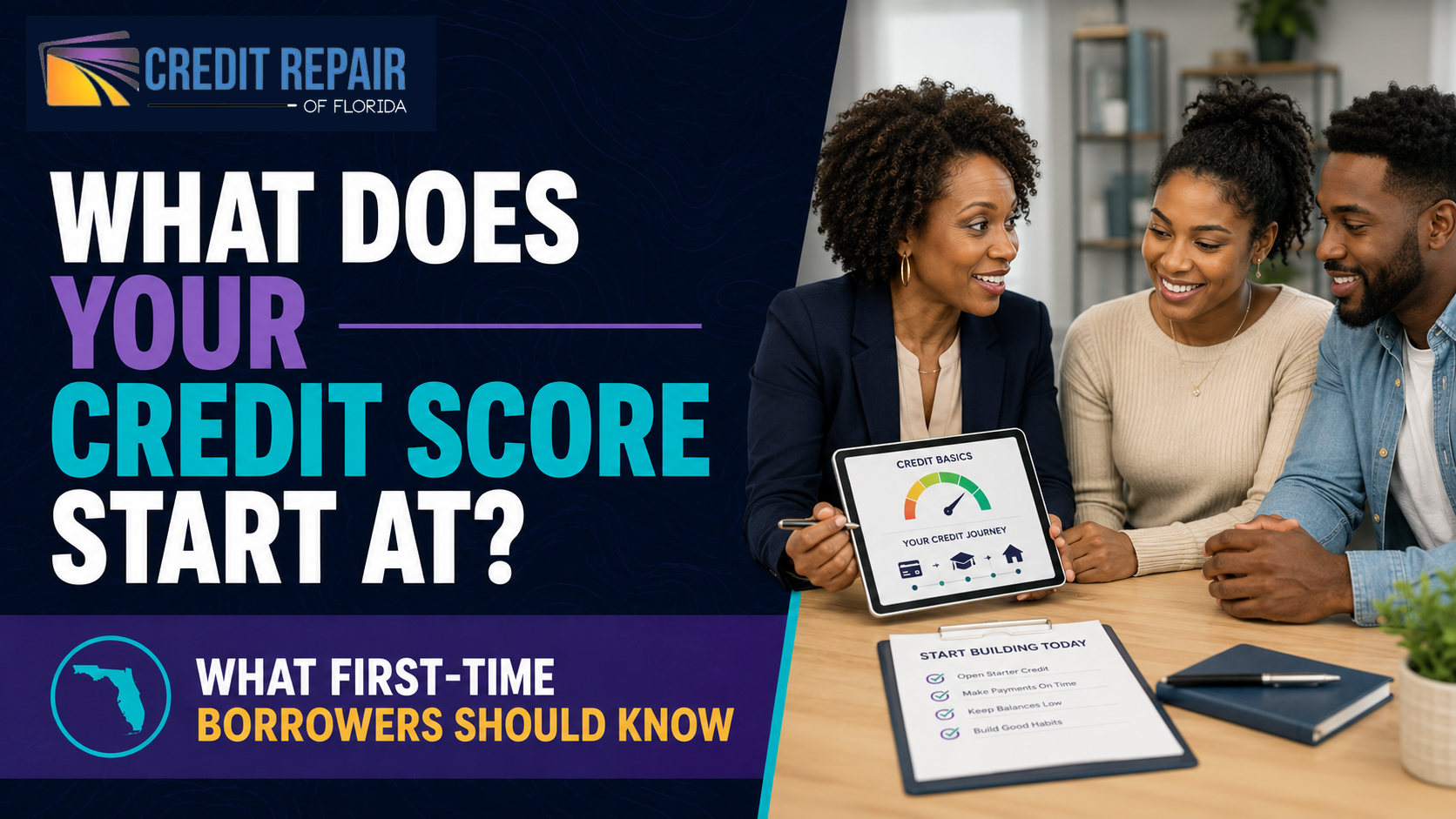 Credit Repair of Florida image showing a credit consultant explaining credit score basics to a young Black couple.