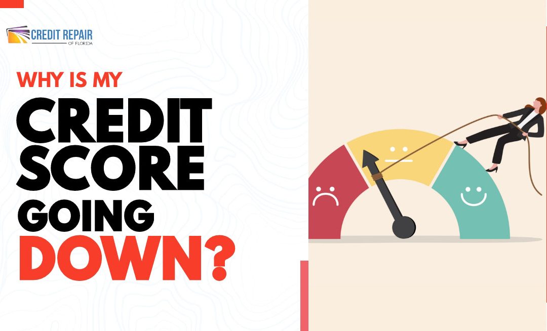 Illustration of a person pulling up a credit score gauge from red to green next to the headline “Why Is My Credit Score Going Down?” with the Credit Repair of Florida logo.
