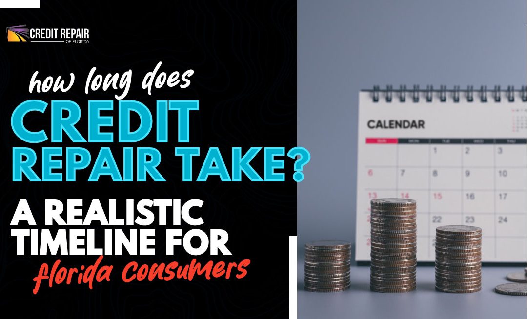 Credit Repair of Florida graphic with the text “How long does credit repair take? A realistic timeline for Florida consumers” next to stacks of coins in front of a desk calendar.