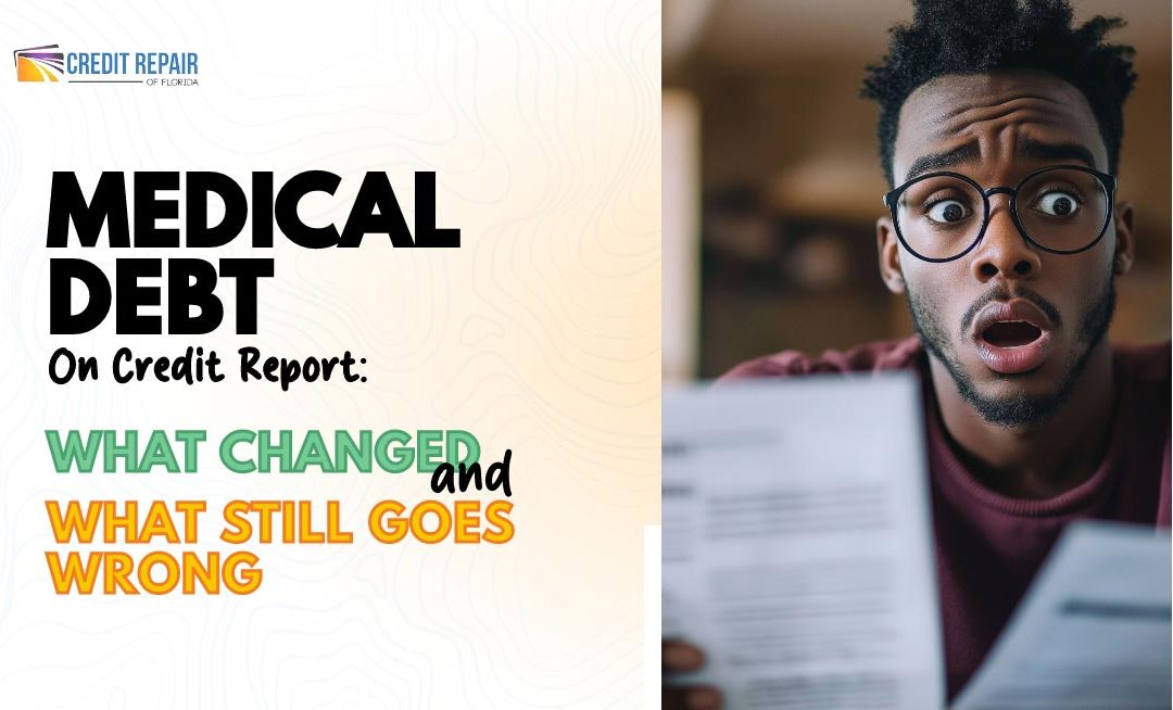 Man reviewing medical debt bills with concern in a Credit Repair of Florida graphic about medical debt on a credit report