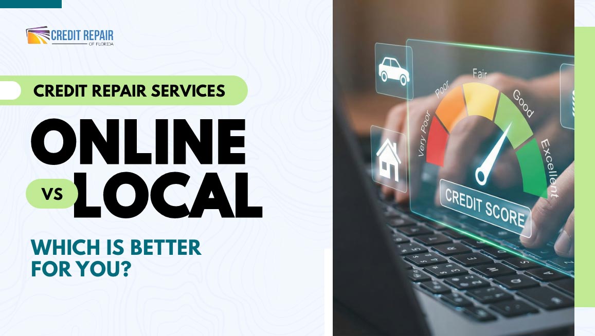 Laptop displaying a credit score gauge beside text comparing online and local credit repair services