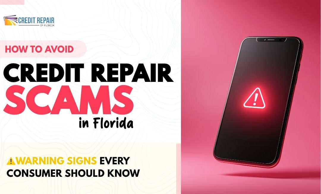 Smartphone displaying a warning icon beside text about how to avoid credit repair scams in Florida and warning signs consumers should know