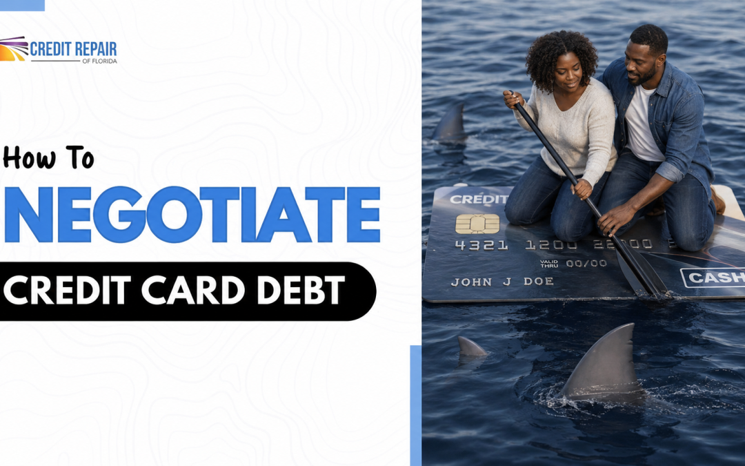 Black couple paddling on a giant credit card at sea with sharks nearby in a Credit Repair of Florida graphic about negotiating credit card debt