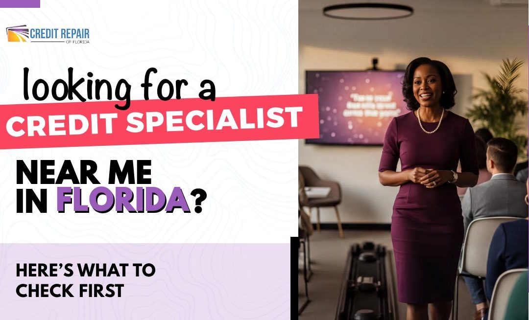 Credit specialist speaking with clients beside text about finding a credit specialist near you in Florida and what to check first