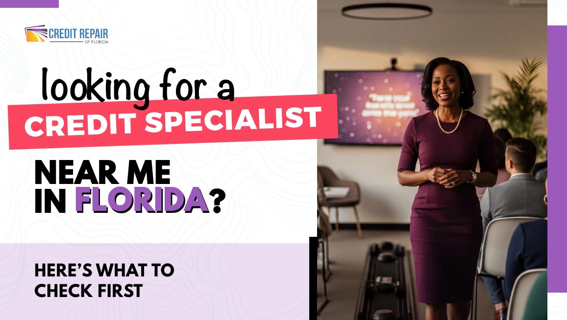 Credit specialist speaking with clients beside text about finding a credit specialist near you in Florida and what to check first