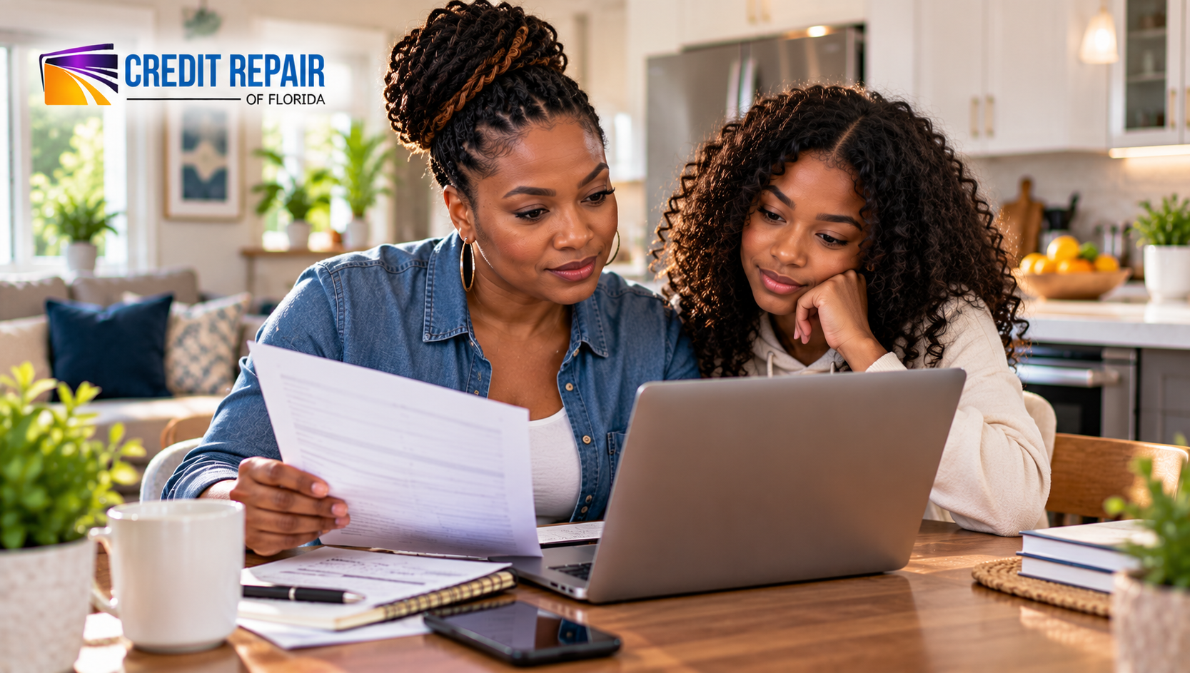 African American mother and teenage daughter reviewing financial information on a laptop at home for a Credit Repair of Florida article about Klarna and credit reporting