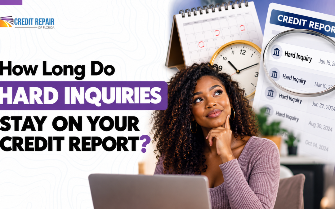 African American woman reviewing a credit report with hard inquiries, calendar, and clock in a Credit Repair of Florida graphic