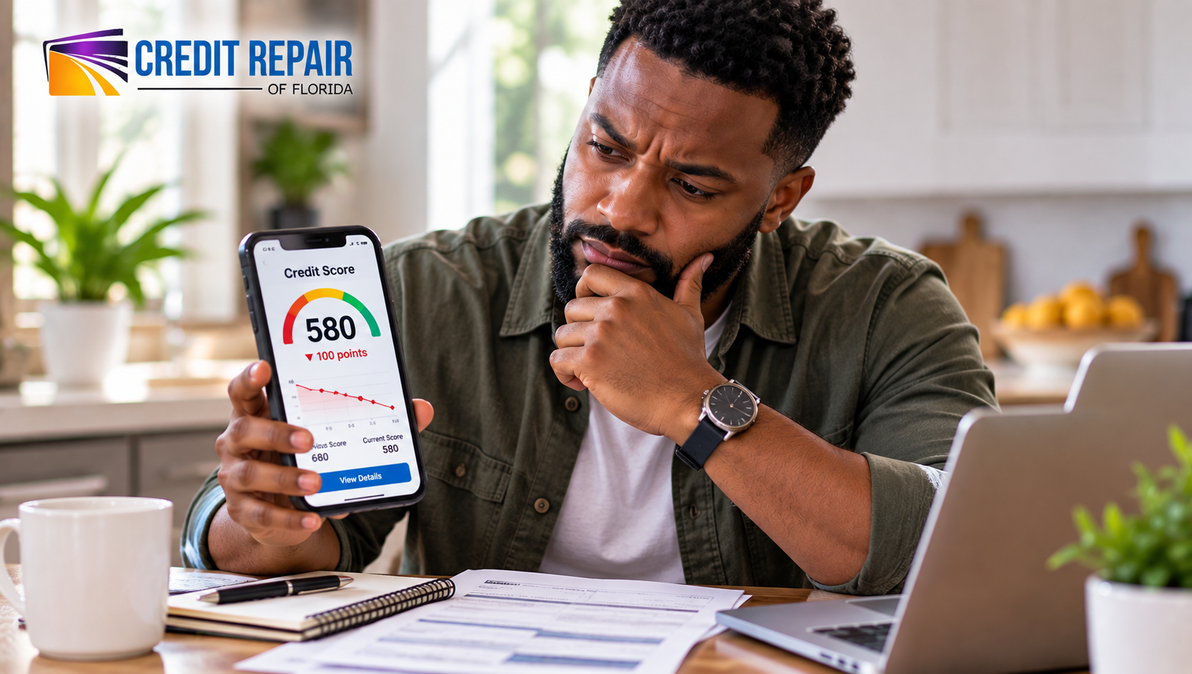 A man checking his phone after seeing his credit score drop 100 points