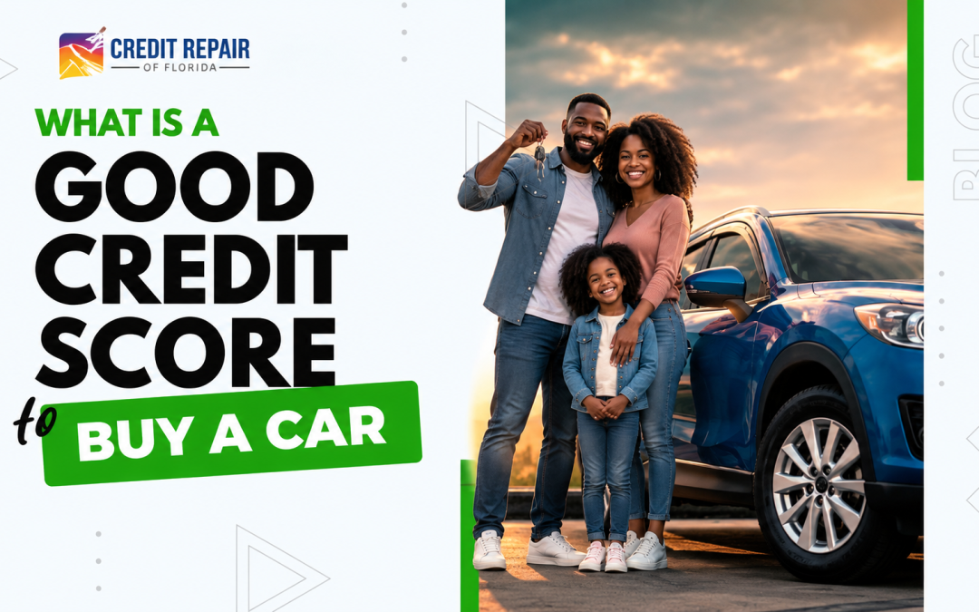 African American family standing beside a blue SUV with car keys in a Credit Repair of Florida graphic about what credit score is good to buy a car