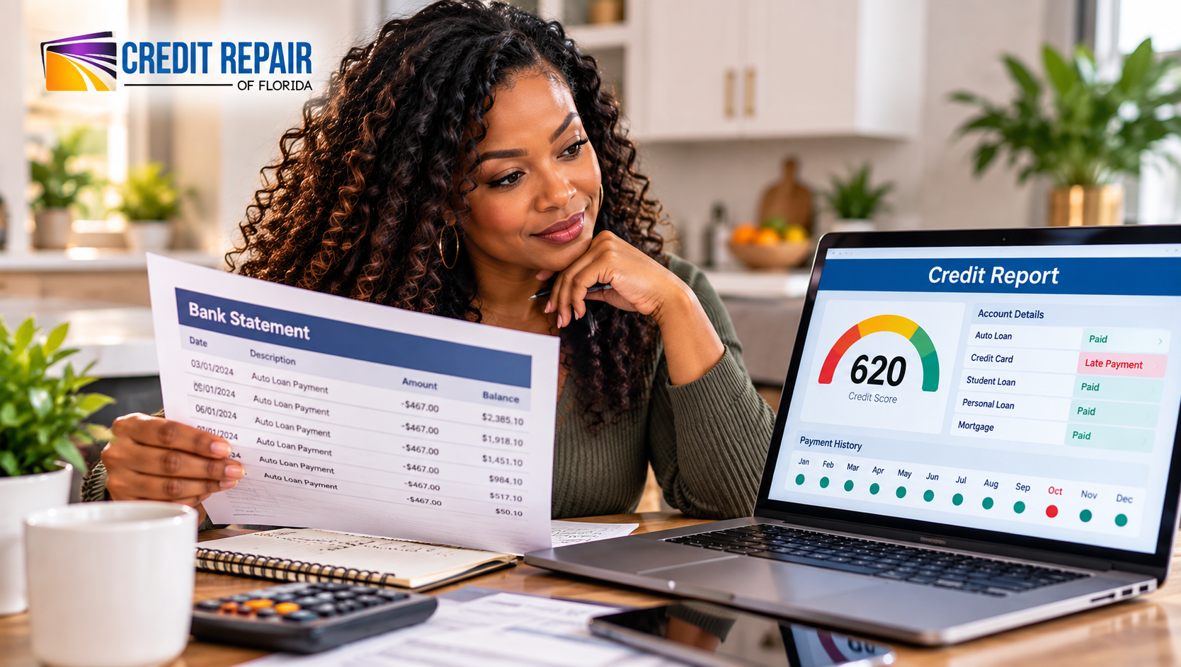 An African American woman comparing her bank statement to her credit report to dispute an incorrect late payment